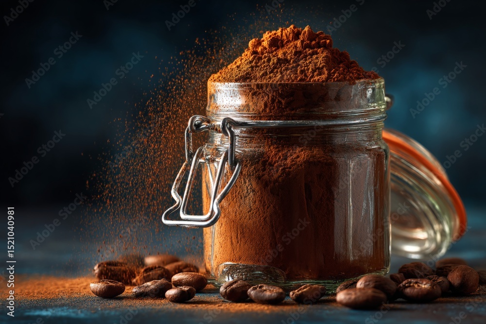 Poster rich cocoa powder spills from a jar surrounded by coffee beans on a dark surface
