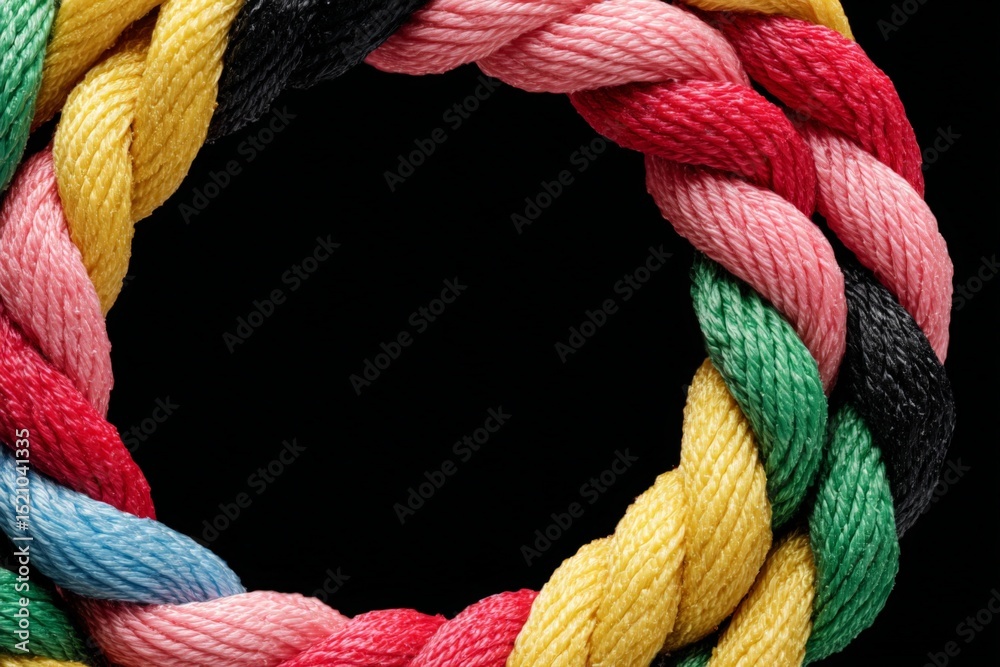 Poster Colorful braided rope arranged in a circular pattern on a dark background showcasing intricate weaving techniques