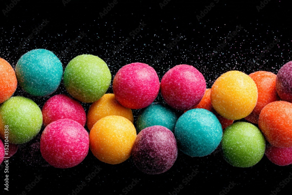 Poster colorful candy balls in vibrant hues create an eye-catching display against a dark background during