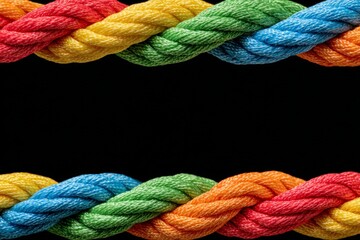 Colorful braided rope displayed against a dark background highlights vibrant hues of yellow, green, blue, red, and orange