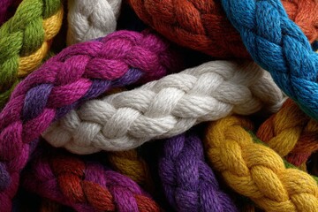 Colorful braided fibers arranged in intricate patterns showcasing craftsmanship and textile art