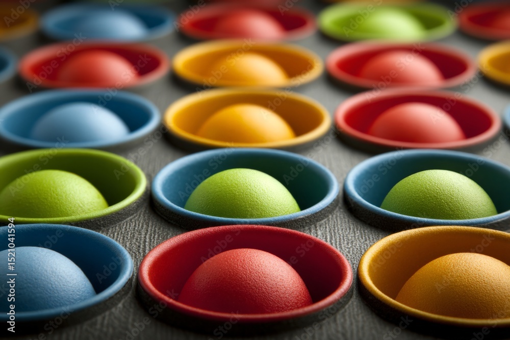 Poster Colorful spherical objects placed in compartments create a vibrant visual display