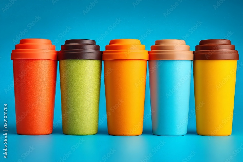 Poster colorful reusable coffee cups arranged on a bright background in a modern setting