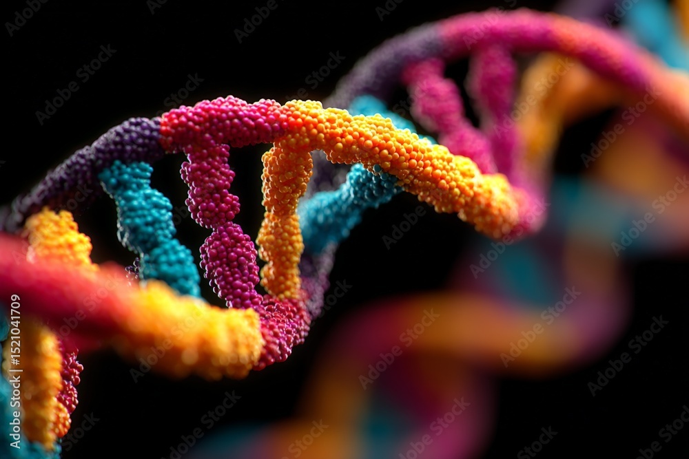 Poster colorful representation of dna strands showcasing genetic structure and complexity in a vibrant visu
