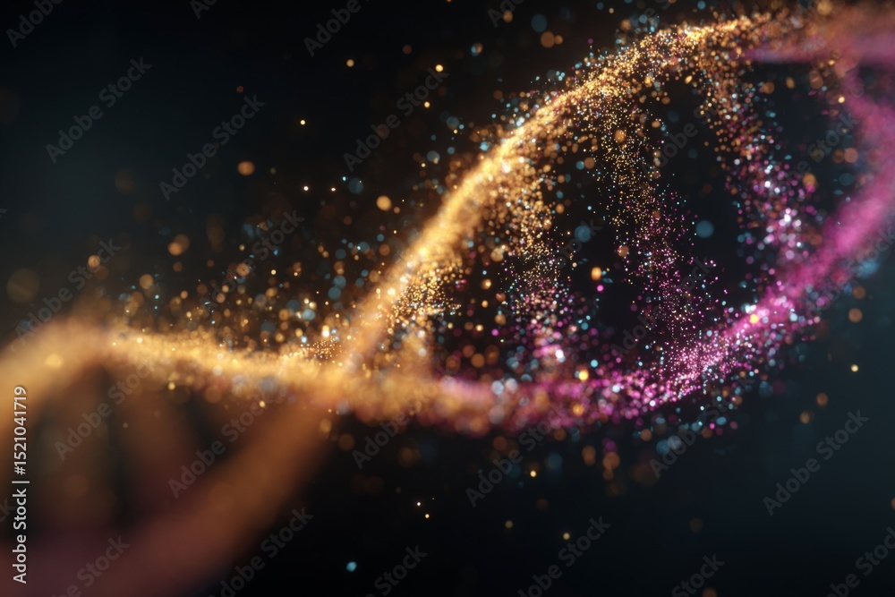 Poster dna strands illuminated with vibrant colors swirling in a dark background during a scientific explor