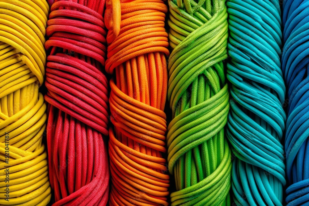 Poster colorful strands of cord arranged neatly in a vibrant pattern on a textile background