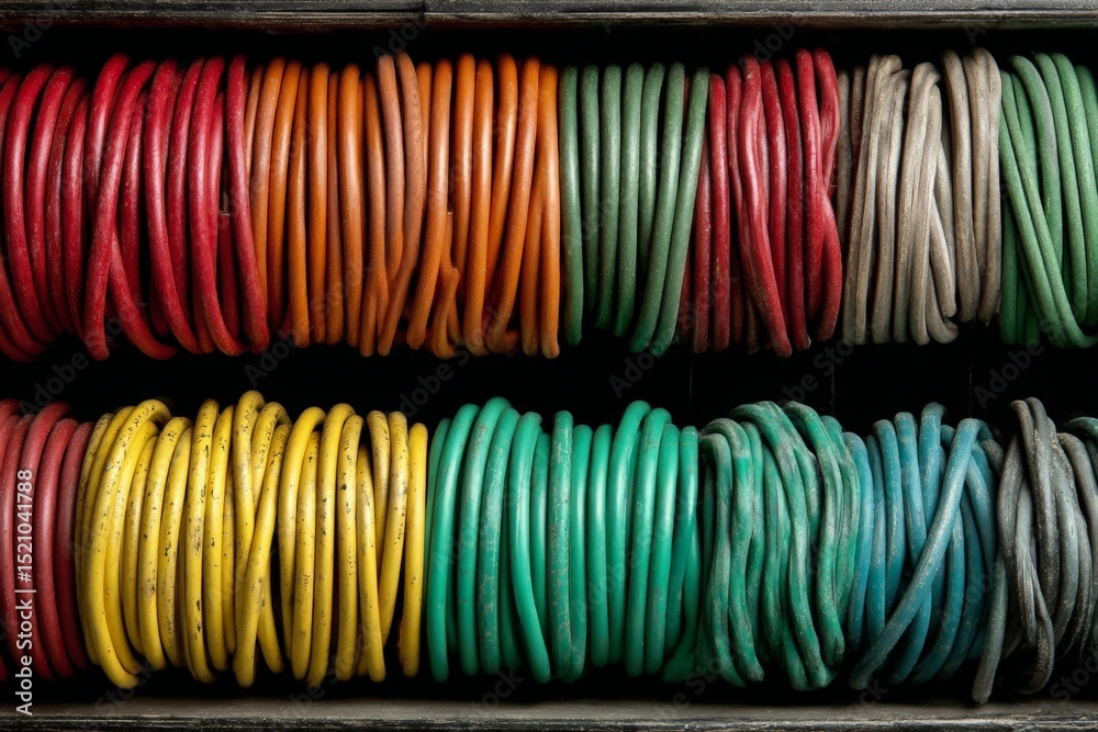 Poster colorful coiled wires neatly arranged in storage box showcasing variety of hues and thickness