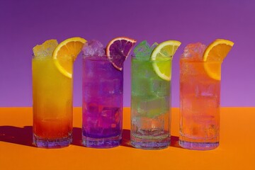 Fototapeta premium Colorful cocktails arranged on a vibrant orange background with citrus garnishes and ice cubes in each glass