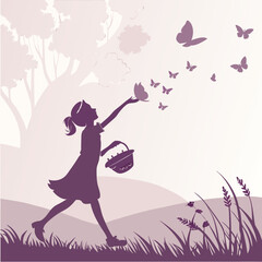 Silhouette of a girl with a basket releasing butterflies in a field with trees and grass design