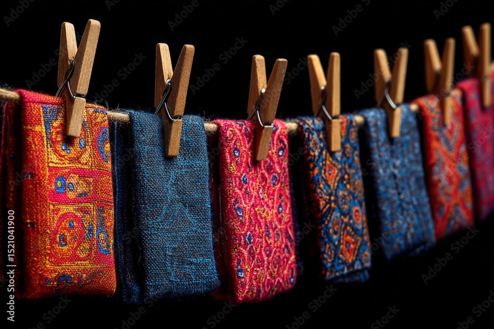 Poster colorful fabrics hanging on a line with wooden clips in a bright display of textiles