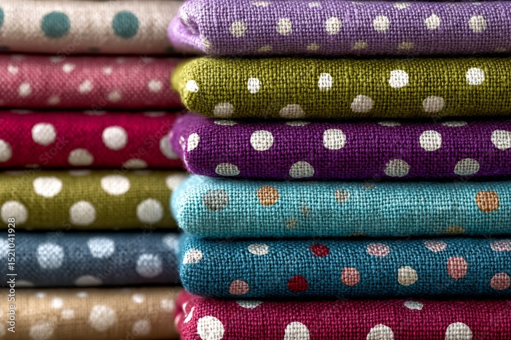 Aufkleber Colorful rolled fabrics arranged in a stack displaying polka dot patterns for textile enthusiasts