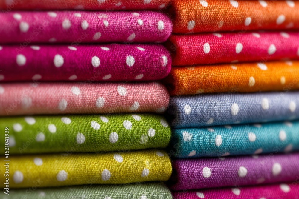 Poster vibrant fabric stacked in colorful layers displaying polka dots at a textile market in daylight