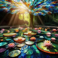 A pond with water lilies made of stained glass &ndash; Sunlight filt