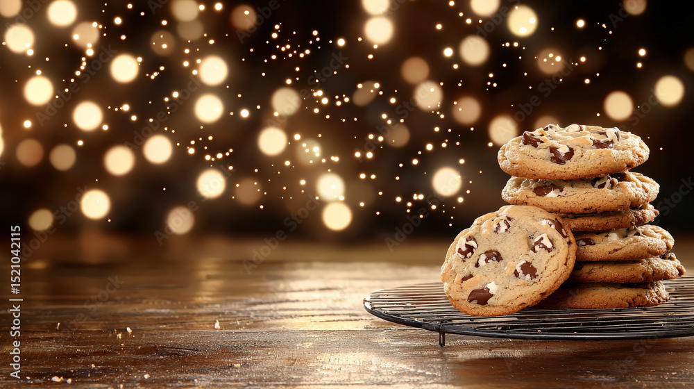 Poster Stack of freshly baked cookies on cooling rack with warm, glowing bokeh background creates cozy and inviting atmosphere. chocolate chip cookies look delicious and tempting