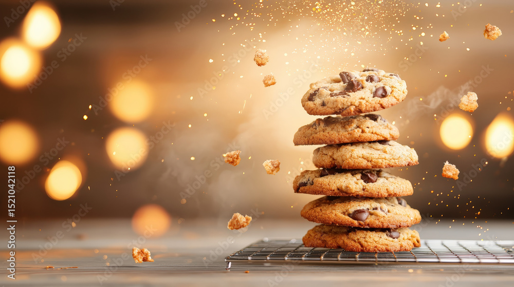 Aufkleber stack of freshly baked cookies on cooling rack with warm lighting and crumbs falling around creates 