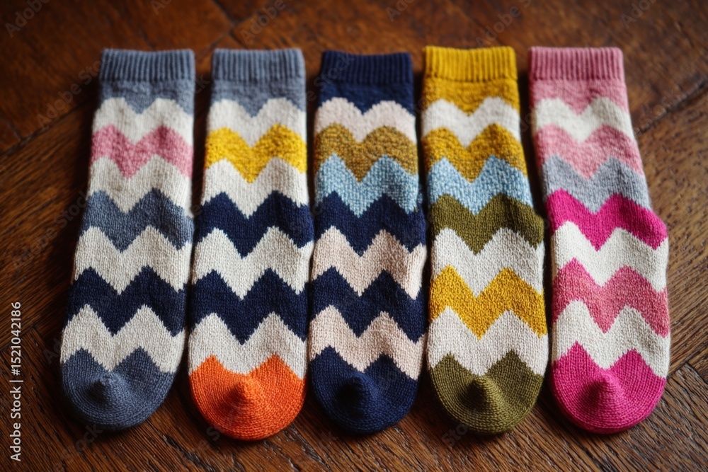 Poster colorful zigzag patterned socks arranged neatly on a wooden surface with warm lighting