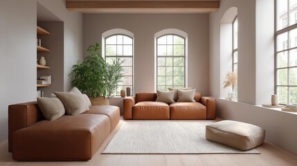 Fototapeta premium Modern living room with a large window on the right side. the window has three arched windows that let in natural light.