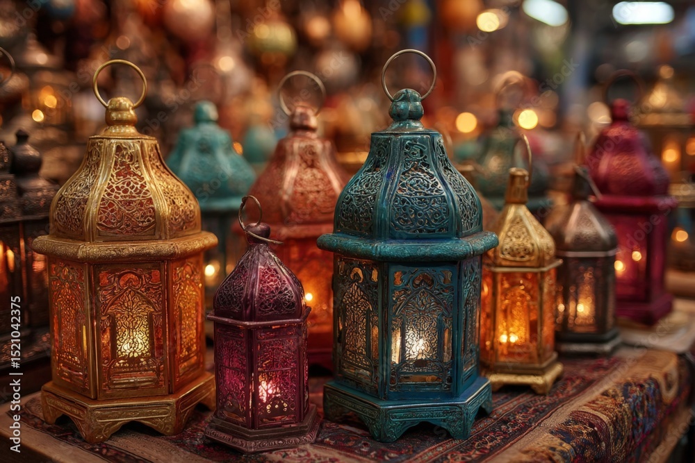 Poster colorful lanterns displayed in a vibrant market setting during the evening hours