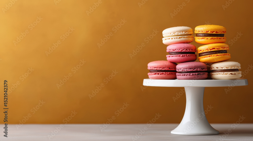 Poster variety of colorful macarons arranged on cake stand against warm, golden background, creating vibran