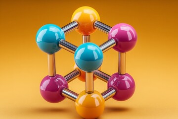 Obraz premium Colorful geometric model highlighting vibrant spheres and metal connections set against a bright yellow background