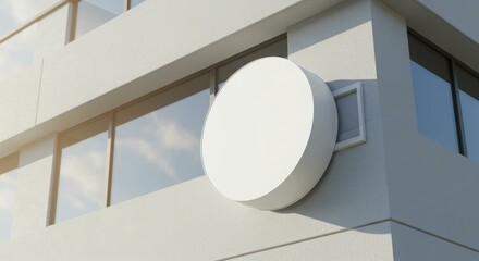 Modern building exterior with a large, blank, round sign affixed to the side.