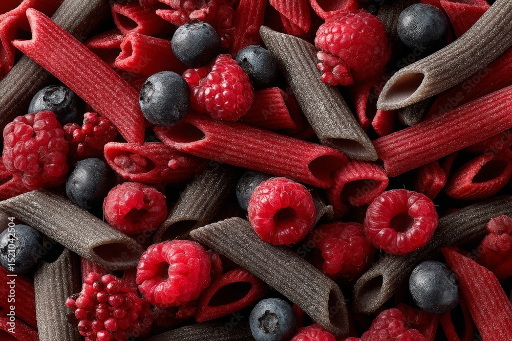 Poster vibrant pasta dish with mixed berries showcasing a unique blend of colors and textures on a bright b
