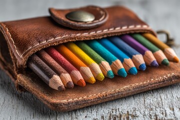 Colorful pencils neatly arranged in a vintage leather case on a rustic wooden surface