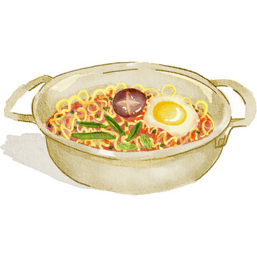Korean cooked ramyun served in pot in watercolor style - illustration element for design