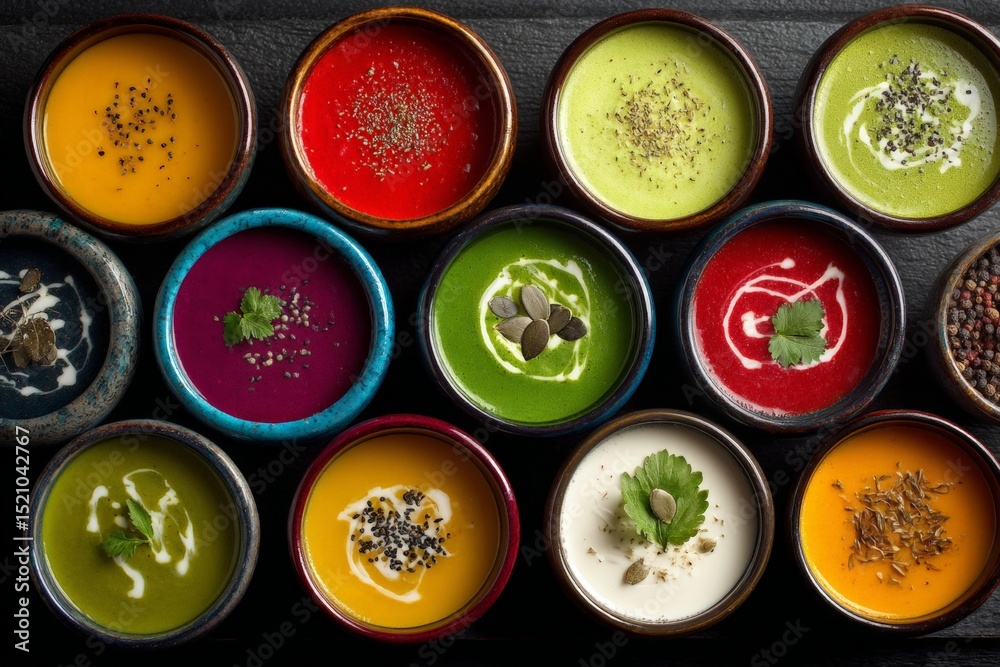 Poster colorful array of vibrant soups displayed in decorative bowls at a culinary event showcasing diverse