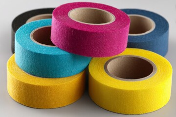 Colorful rolls of adhesive tape stacked together showcasing vibrant hues perfect for arts and crafts or DIY projects