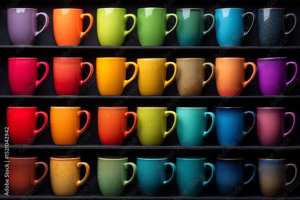 Poster colorful collection of mugs displayed on shelves in a well-lit setting at a local artisan shop durin