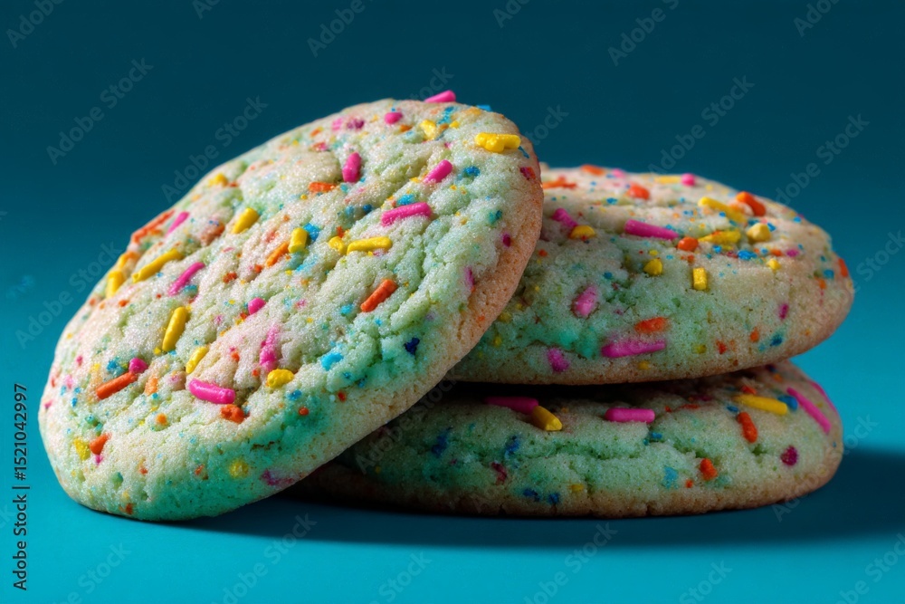 Poster colorful cookies with sprinkles stacked on a vibrant blue background in a bright light setting
