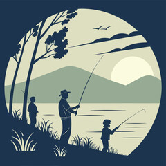 Silhouette of three people fishing by a lake with mountains, trees, and birds in the background scene