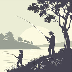 Silhouette of a man and child fishing by the river under a tree at sunset in a peaceful outdoor scene