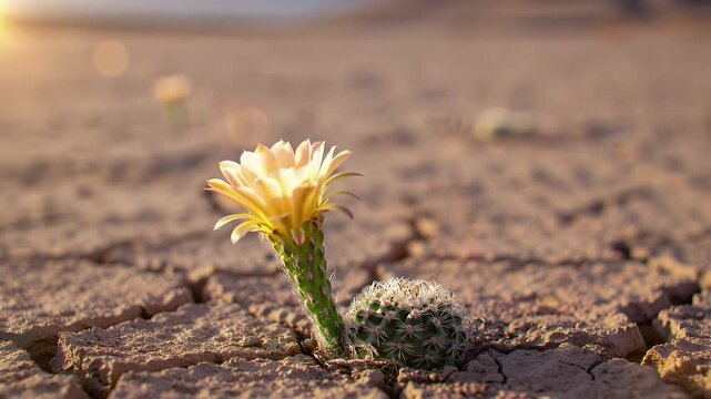 Resilience personified A desert cactus flower blooming amidst cracked earth, symbolizing hope and survival in arid landscapes.