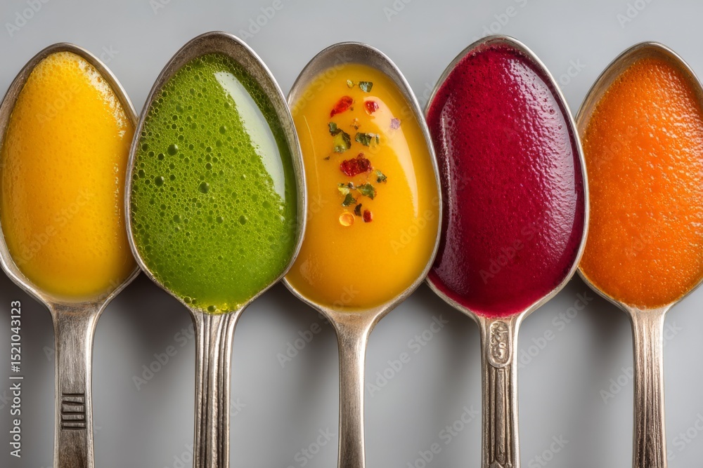 Aufkleber Vibrant array of colorful purees arranged in spoons on a gray background during a culinary presentation