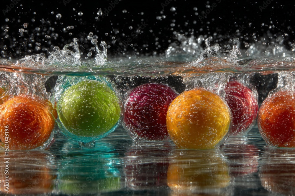 Poster Colorful fruit splashes in water create visual delight and excitement in dynamic still life arrangement