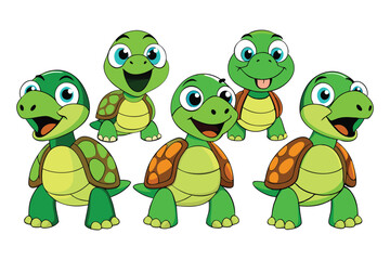 Obraz premium Adorable Cartoon Green Sea Turtles Set of Six Expressive Illustrations
