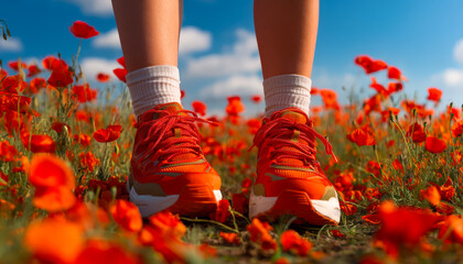 Close-up of person wearing orange running shoes and socks in a vibrant poppy field under a blue sky