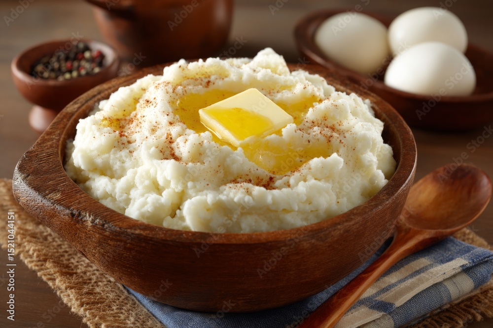 Aufkleber Creamy mashed potatoes topped with butter and spices in a rustic setting
