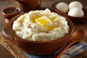 Creamy mashed potatoes topped with butter and spices in a rustic setting