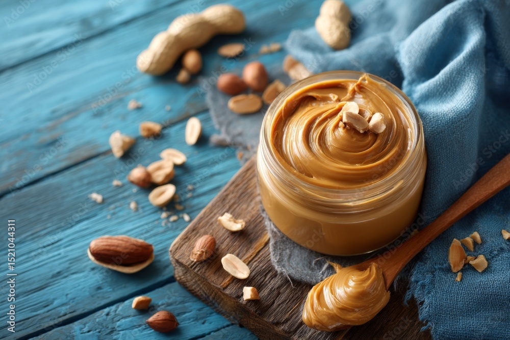 Poster Creamy peanut butter in a jar with peanuts on a rustic table with blue fabric