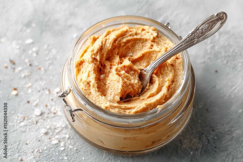 Poster creamy peanut butter with a smooth texture served in a glass jar on a gray background