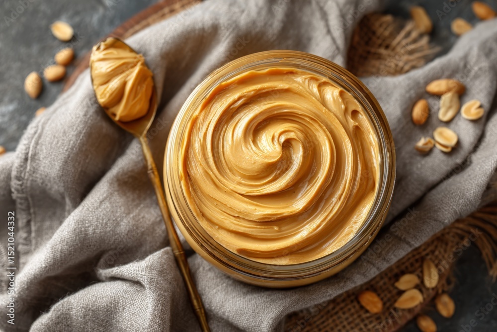 Poster creamy peanut butter in a glass jar with a gold spoon resting beside it and scattered peanuts on a t