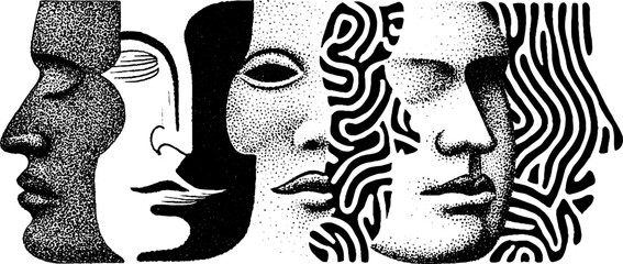 Abstract concept of overlapping engraved faces with graphic patterns