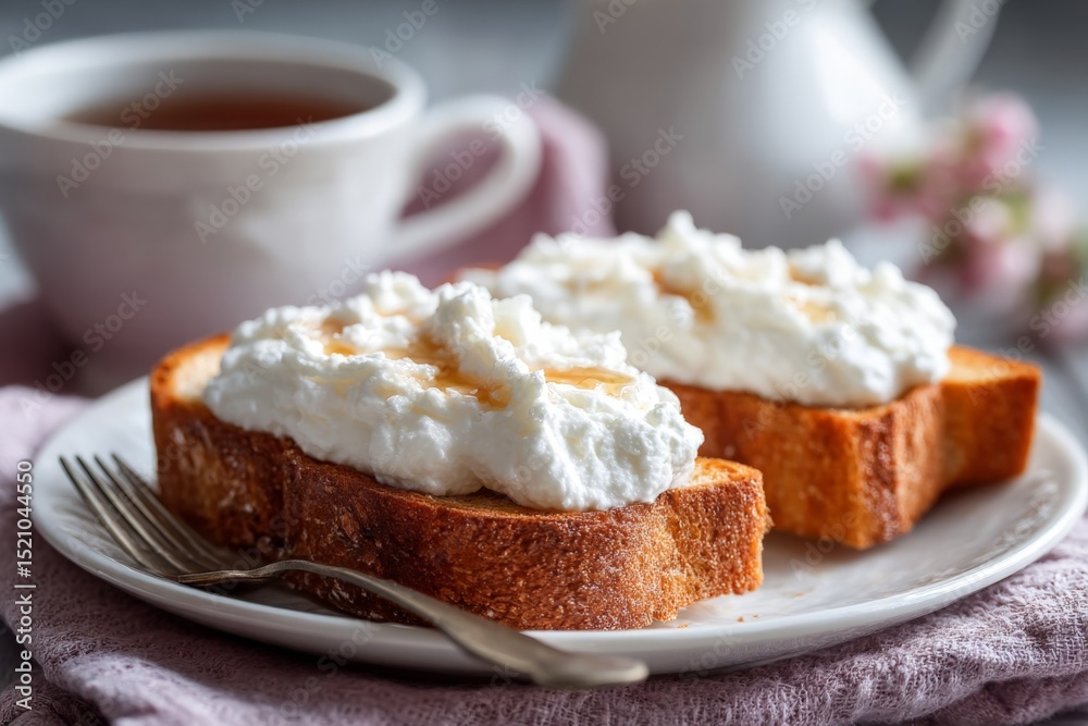 Poster delicious toast with cream cheese and honey served with tea on a cozy table setting