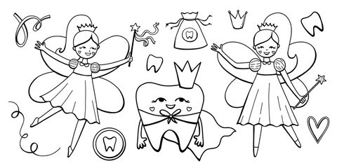 Pretty fairy tooth character vector set. Cute flying girls and smiling tooth in line art for child dental design. Kids dental coloring page template for boy