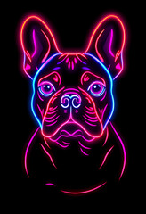 Vibrant neon illustration of a French Bulldog on a black background. Glowing pink, purple, and blue lines create a bold, futuristic design perfect for modern pop art and digital projects