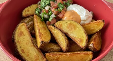 Crispy Golden Brown Potato Wedges Served with Fresh Salsa and Creamy Sauce in a Red Bowl for Delicious Snack or Appetizer Ideas