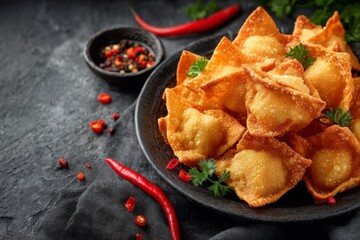 Crispy dumplings served on black plate with chili and herbs garnishing the dish at a modern dining setting